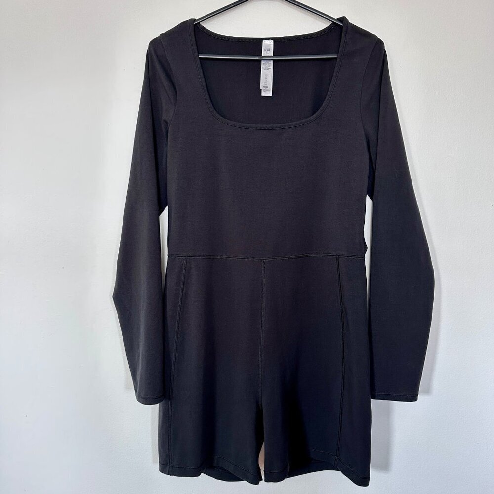 Madewell L/S Knit Bodysuit Unitard Biker Shorts Black, Size XL (16)